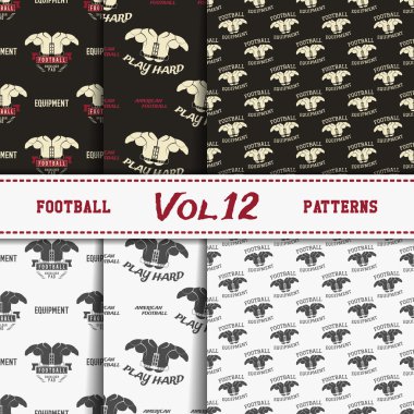 Set of american football patterns. Usa sports seamless background collection. Sport wallpaper with paddle in monochrome and color design. Vector soccer equipment graphic. Sketch, hand drawn style.