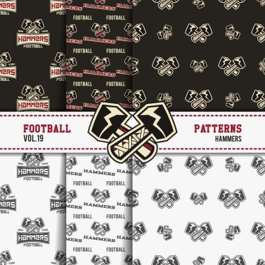 Set of american football patterns. Usa sports seamless background collection. Sport wallpaper with hammers in monochrome and color design. Vector soccer equipment graphic. Sketch, hand drawn style.