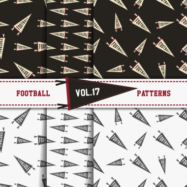 Set of american football patterns. Usa sports seamless background collection. Sport wallpaper with pennant in monochrome and color design. Vector soccer equipment graphic. Sketch, hand drawn theme