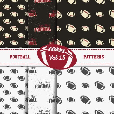 Set of american football patterns. Usa sports seamless background collection. Sport wallpaper with ball in monochrome and color design. Vector soccer equipment graphic. Sketch, hand drawn theme