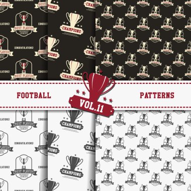Set of american football patterns. Usa sports seamless background collection. Sport wallpaper with cup in monochrome and color design. Vector soccer equipment graphic. Sketch, hand drawn style.