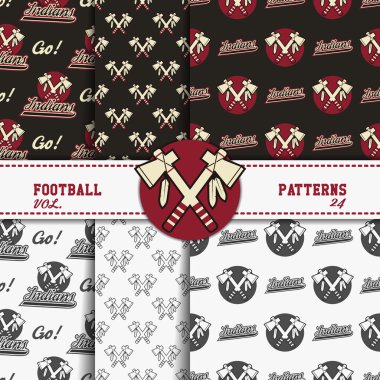 Set of american football patterns. Usa sports seamless background collection. Sport wallpaper with badge in monochrome and color design. Vector soccer equipment graphic. Sketch, hand drawn style.