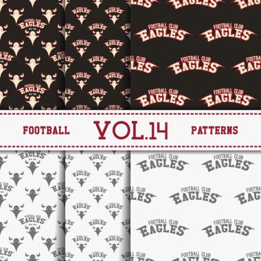 Set of american football patterns. Usa sports seamless background collection. Sport wallpaper with eagle in monochrome and color design. Vector soccer equipment graphic. Sketch, hand drawn style.