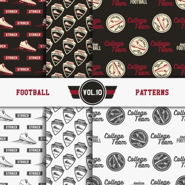 Set of american football patterns. Usa sports seamless background collection. Sport wallpaper with scorer in monochrome and color design. Vector soccer equipment graphic. Sketch, hand drawn style.