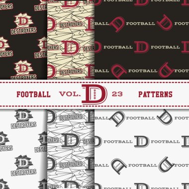 Set of american football patterns. Usa sports seamless background collection. Sport wallpaper with logo in monochrome and color design. Vector soccer equipment graphic. Sketch, hand drawn style.