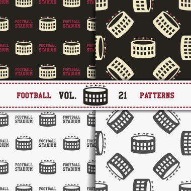 Set of american football patterns. Usa sports seamless background collection. Sport wallpaper with stadium in monochrome and color design. Vector soccer equipment graphic. Sketch, hand drawn style.