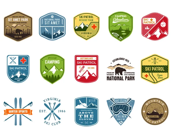 Set of Ski Club, Patrol Labels. Vintage Mountain winter camp explorer badges. Outdoor adventure logo design. Travel hand drawn and hipster color insignia. Snowboard icon symbol. Wilderness. Vector — 스톡 벡터