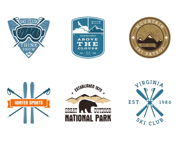 Set of Ski Club, National Park Labels. Vintage Mountain winter camping explorer badges. Outdoor adventure logo design. Travel and hipster color insignia. Snowboard icon symbol. Wilderness. Vector — стоковий вектор