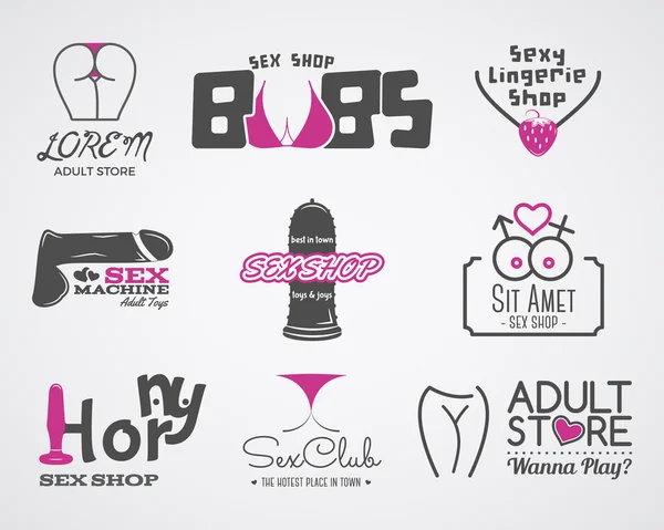 Collection of cute Sex shop logo and badge design templates. Sexy labels set. Vector xxx elements. Adult store symbols, icons - penis, vibrator, anal toys. Use for brochures, facades, window signage — Διανυσματικό Αρχείο