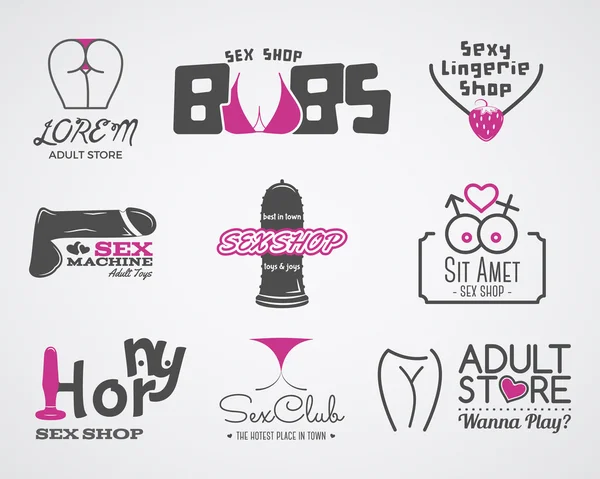 Collection of cute Sex shop logo and badge design templates. Sexy labels set. Vector xxx elements. Adult store symbols, icons - penis, vibrator, anal toys. Use for brochures, facades, window signage