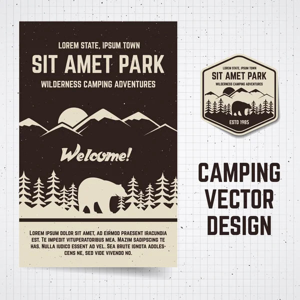 Camping vector brochure and label. The concept of flyer for your business, web sites, presentations, advertising etc. Quality design illustrations, elements. Flat outdoor style. National park banner. — Stock Vector