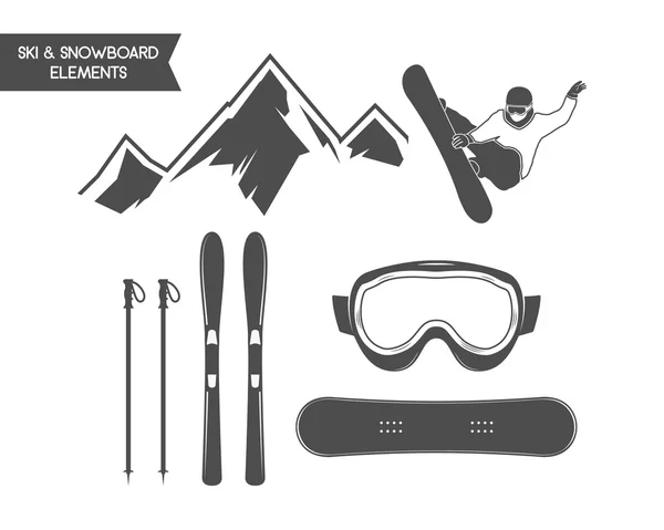 Winter sports elements. Snowboard, ski symbols. Outdoor adventure icon. Travel hand drawn and hipster monochrome insignia for logo, infographics, labels, badges. Camping emblem. Wilderness Vector — Stock vektor