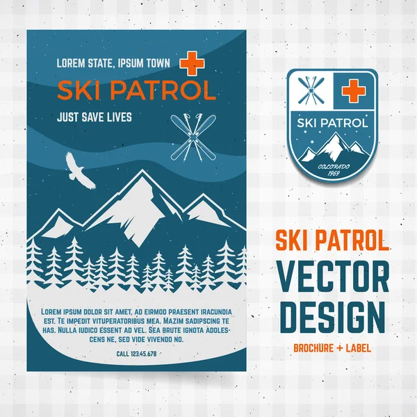 Ski patrol vector brochure and label. The camp concept of flyer for your business, web sites, presentations, advertising etc. Quality design illustrations, elements. Flat outdoor style. Banner design — Archivo Imágenes Vectoriales
