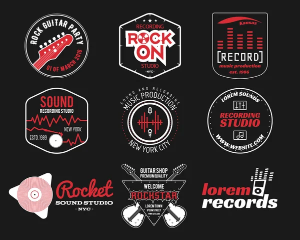 Set of vector music production logo,label, sticker, emblem, print or logotype with elements - guitar, vinyl for sound recording studio, sound production Podcast and radio badges, typography design — ストックベクタ