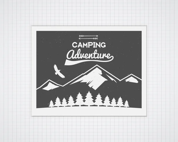 Camping vector frame template with travel poster. Retro outdoor style, monochrome design. National park banner. Forest camp elements - mountain, trees, eagle and typography. Flat design — Vector de stock