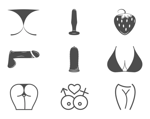 Collection of cute Sex shop icons. Sexual symbols. Use for web or print. Porno label, badge design templates. Sexy emblems set. Vector xxx elements. Adult store - penis, vibrator, anal toys