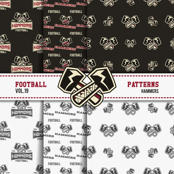 Set of american football patterns. Usa sports seamless background collection. Sport wallpaper with hammers in monochrome and color design. Vector soccer equipment graphic. Sketch, hand drawn style.