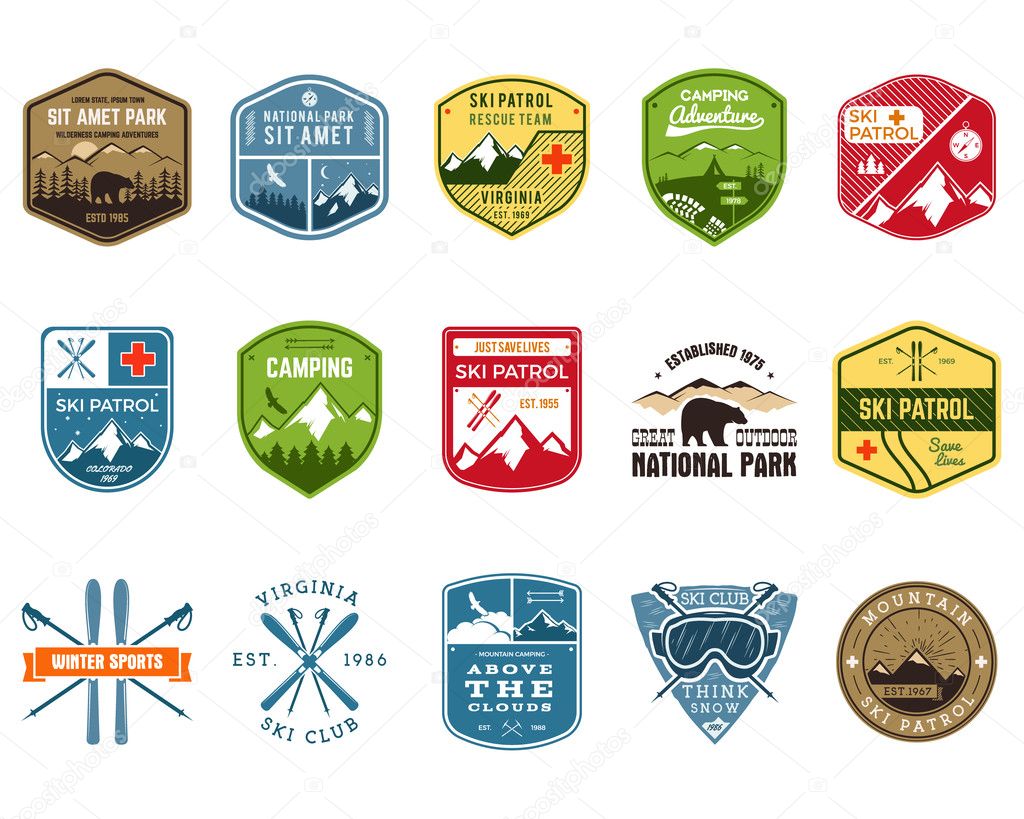 Set of Ski Club, Patrol Labels. Vintage Mountain winter camp explorer badges. Outdoor adventure logo design. Travel hand drawn and hipster color insignia. Snowboard icon symbol. Wilderness. Vector.