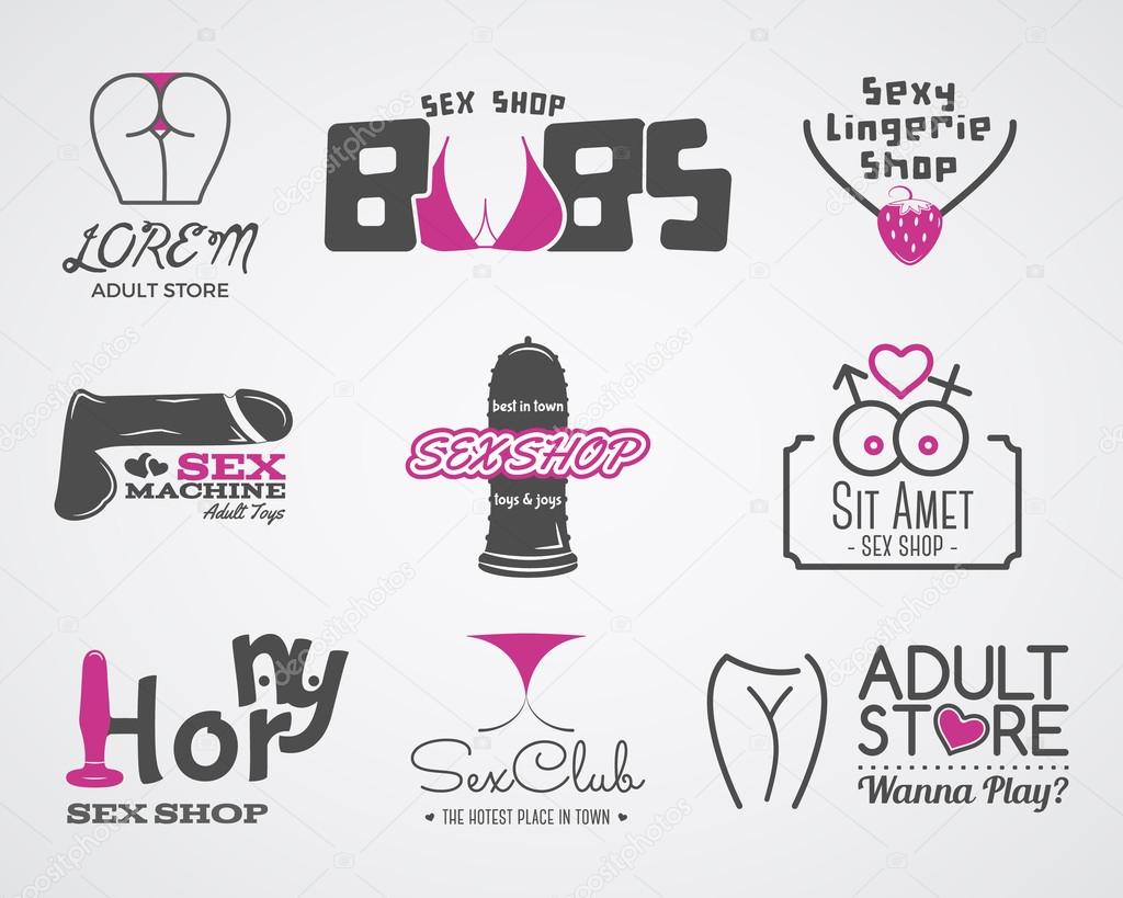 Collection of cute Sex shop logo and badge design templates. Sexy labels set. Vector xxx elements. Adult store symbols, icons - penis, vibrator, anal toys. Use for brochures, facades, window signage.