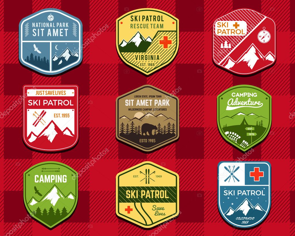 Set of Ski Club, Patrol Labels. Retro Mountain winter camping explorer badges. Outdoor adventure logo design. Travel hand drawn and hipster color insignia. Snowboard icon symbol. Wilderness. Vector.