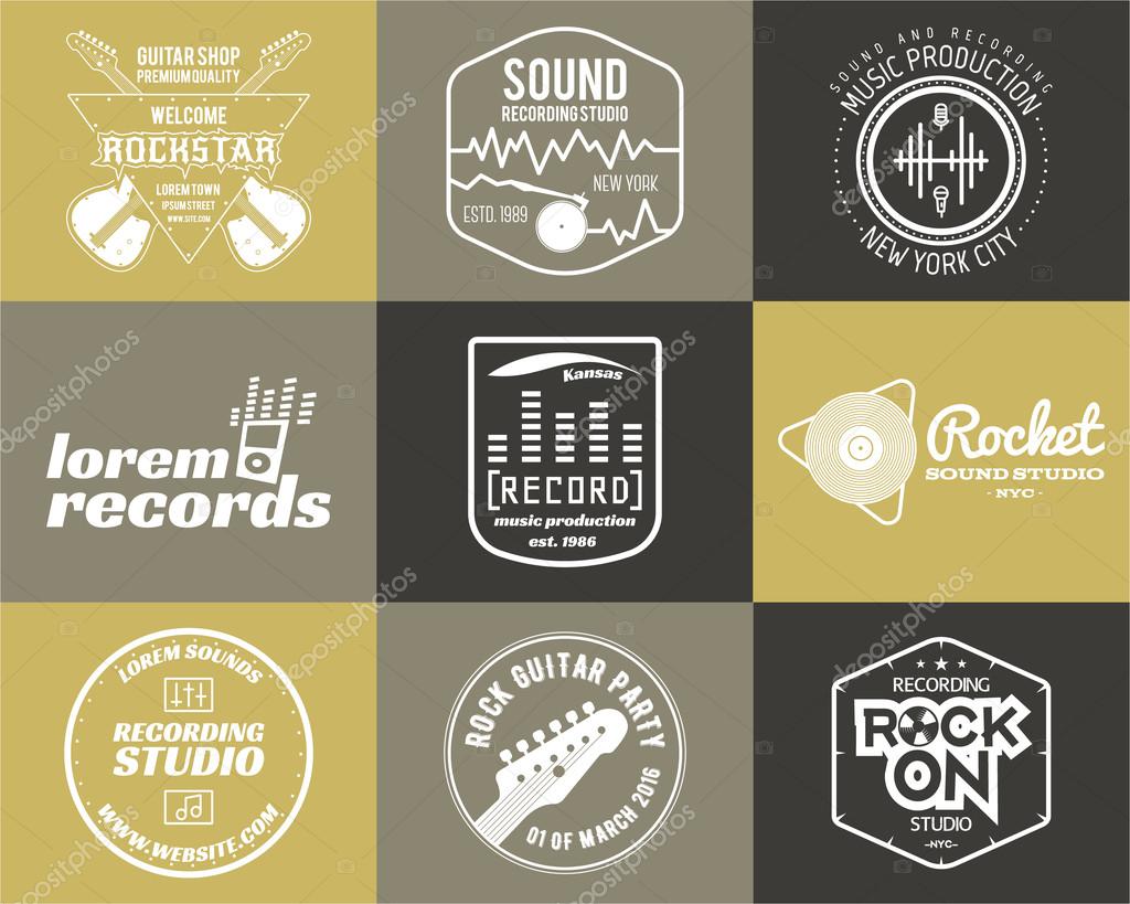 Set of vector music production logo Musical label icons. Music sticker and emblem print or logotype Guitar badge for sound recording studio t shirt, sound production Podcast, radio badges. Music icon