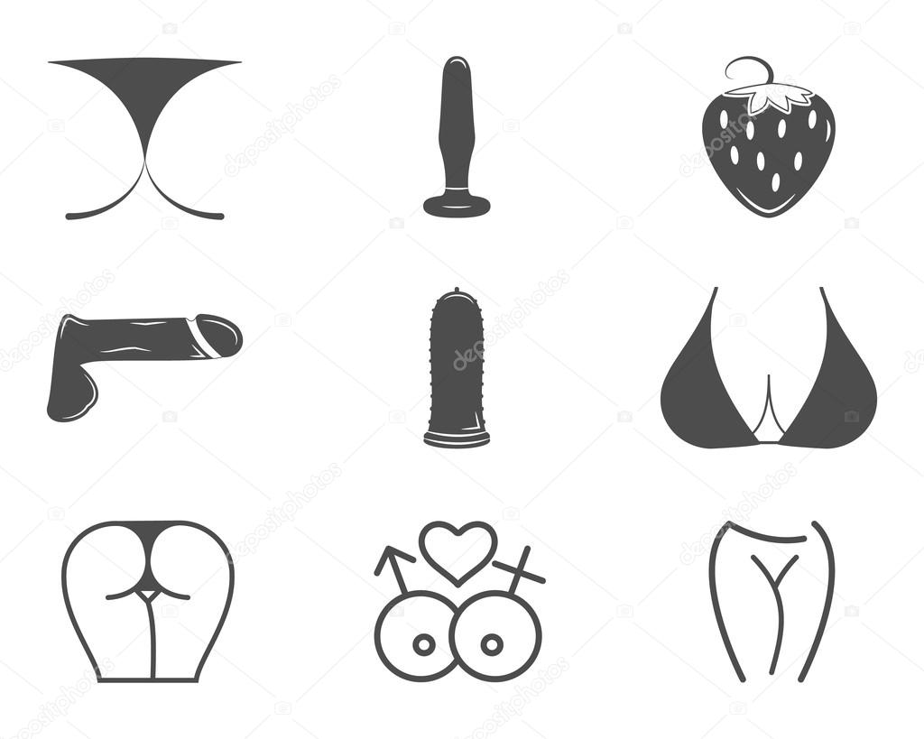 Collection of cute Sex shop icons. Sexual symbols. Use for web or print. Porno label, badge design templates. Sexy emblems set. Vector xxx elements. Adult store - penis, vibrator, anal toys.