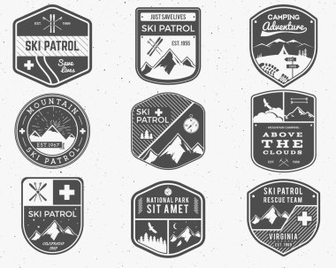 Set of Ski Club, Patrol Labels. Vintage Mountain winter camp explorer badges. Outdoor adventure logo design. Travel hand drawn and hipster monochrome insignia Snowboard icon symbol. Wilderness Vector