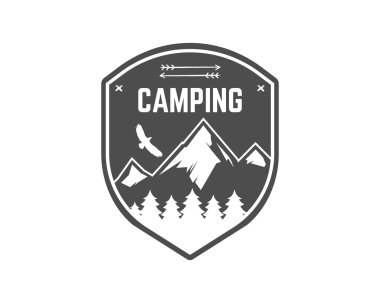 Camping Label. Vintage Mountain winter camp explorer badge. Outdoor adventure logo design. Travel monochrome and hipster color insignia. Snowboard icon symbol. Wilderness emblem and stamp. Vector