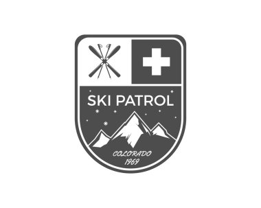 Ski Patrol Label. Vintage Mountain winter sports explorer badge. Outdoor adventure logo design. Travel hand drawn and hipster color emblem. First aid icon symbol. Monochrome design. Wilderness Vector