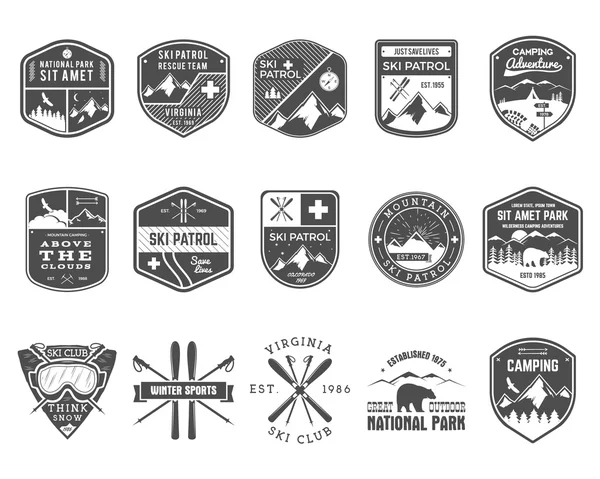 Set of Ski Club, Patrol Labels. Vintage Mountain winter camp explorer badges Outdoor adventure logo design. Travel hand drawn and hipster monochrome insignia. Snowboard icon symbol. Wilderness. Vector — Stok Vektör