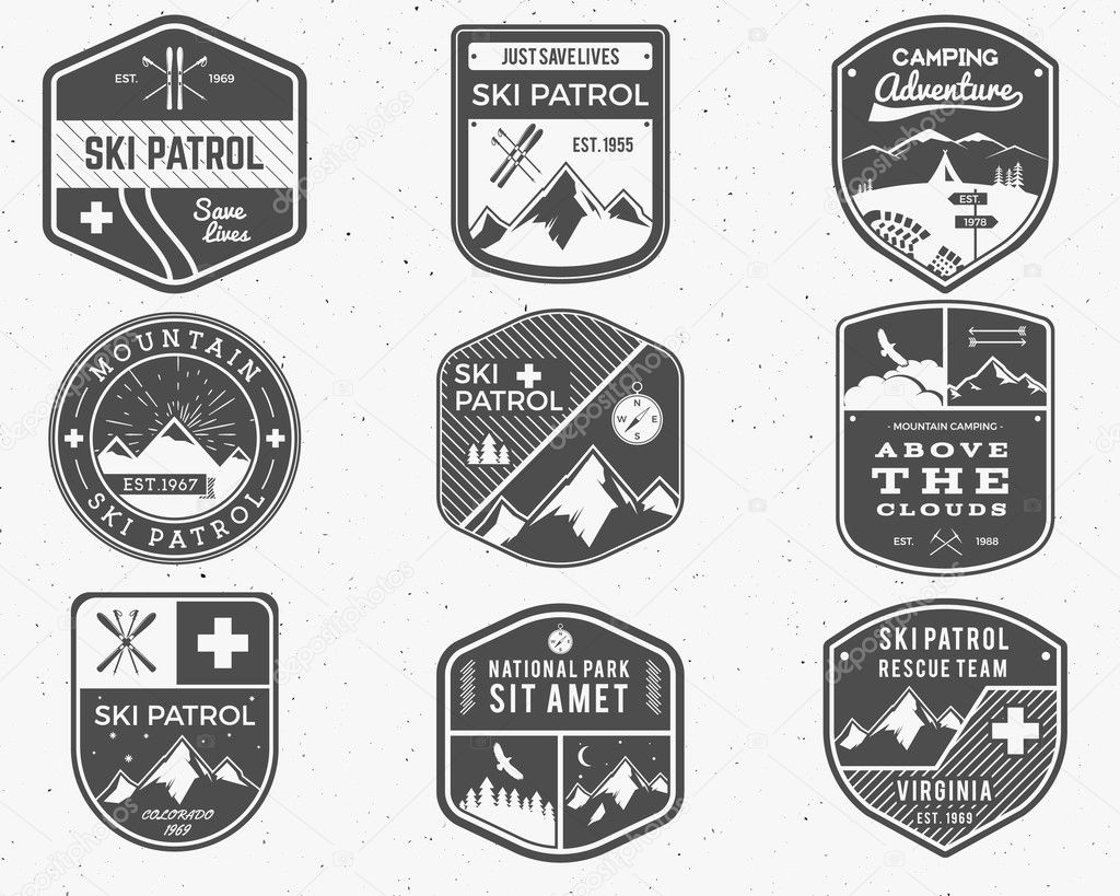 Set of Ski Club, Patrol Labels. Vintage Mountain winter camp explorer badges. Outdoor adventure logo design. Travel hand drawn and hipster monochrome insignia. Snowboard icon symbol. Wilderness Vector