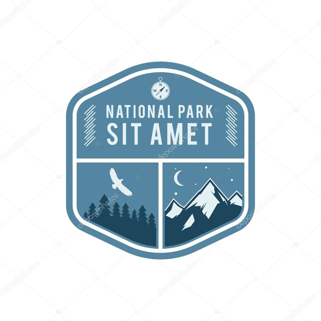 National park vintage badge. Mountain explorer label. Outdoor adventure logo design with eagle. Travel and hipster insignia. Wilderness, forest camping emblem. Hiking Vector design typography