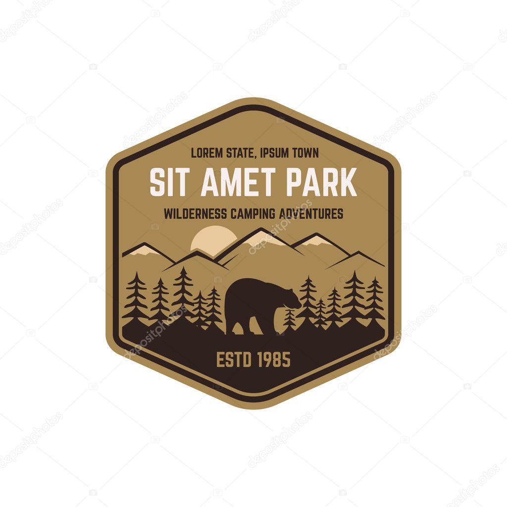 National park vintage badge. Mountain explorer label. Outdoor adventure logo design with bear. Travel and hipster insignia. Wilderness, forest camping emblem. Hiking, backpack Vector design typography