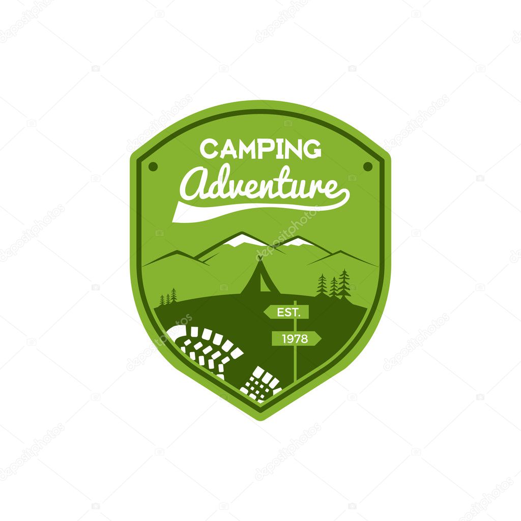 Camping Adventure Label. Vintage Mountain winter camp explorer badge. Outdoor logo design. Travel stamp concept. Hiking, climbing icon symbol. Wilderness emblem and insignia element. Vector.