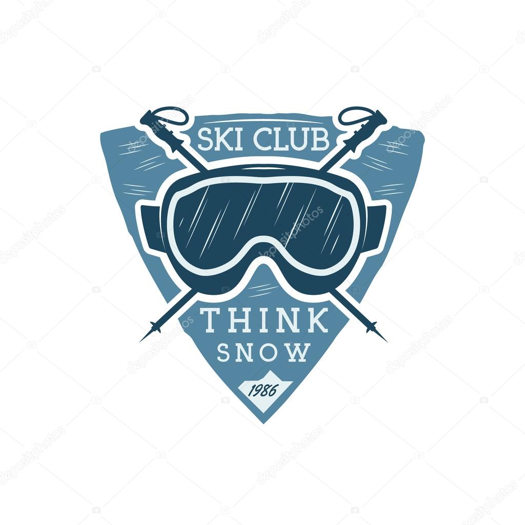 Winter sports ski club Label with goggles. Vintage Mountain explorer badge. Outdoor adventure logo design. Travel hipster color insignia. Snowboard icon symbol. Camping emblem. Wilderness Vector