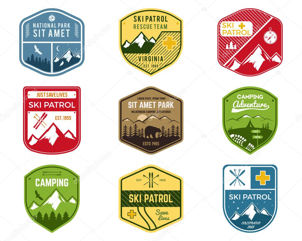Set of Ski Club, Patrol Labels. Vintage Mountain winter camping explorer badges. Outdoor adventure logo design. Travel hand drawn and hipster color insignia. Snowboard icon symbol. Wilderness. Vector.