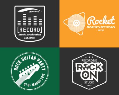 Vector music production studio logos set. Musical label icons. Music insignia and emblems print or logotype. Guitars badge for sound recording studio t shirt, sound production. Podcast, radio badges