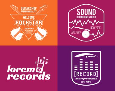 Vector music production logos set Musical label icons. Music insignia and emblem print or logotype Guitars badge for sound recording studio t shirt, sound production Podcast, radio badges. Music icon