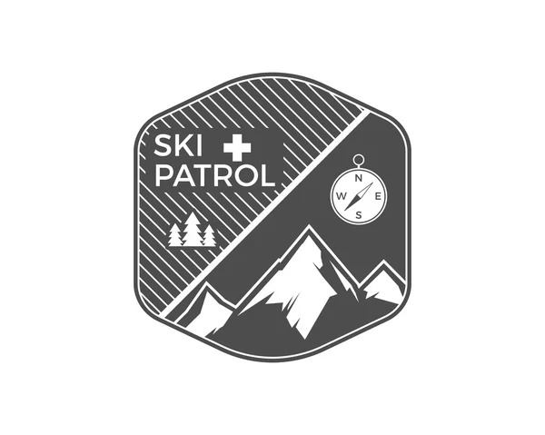 Ski Patrol Label. Vintage Mountain winter sports explorer badge. Outdoor adventure logo design. Travel hand drawn and hipster emblem. First aid icon symbol. Monochrome design. Wilderness Vector — Vector de stock