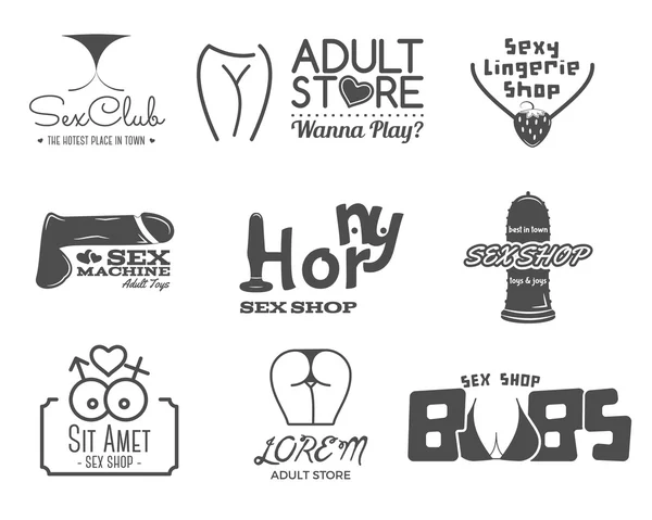 Collection of cute Sex shop logo and badge design templates. Sexy labels set. Vector xxx elements. Adult store symbols, icons - penis, vibrator, anal toys. Monochrome design