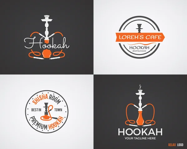 Set of Hookah relax labels, badges and design elements in 2 color variations. Vintage shisha logo. Lounge cafe emblem.  Arabian bar or house, shop insignia. Isolated vector illustration.