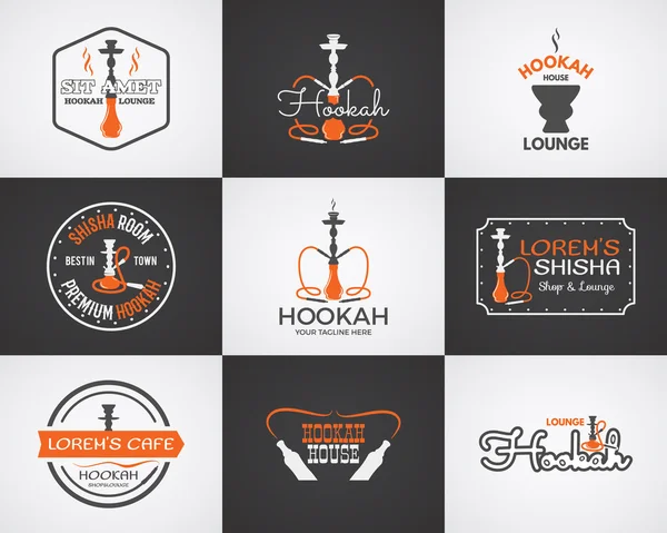 Hookah labels, badges and design elements collection. Vintage shisha logo. Lounge cafe emblem.  Arabian bar or house, shop. Isolated on two backgrounds. Vector illustration.