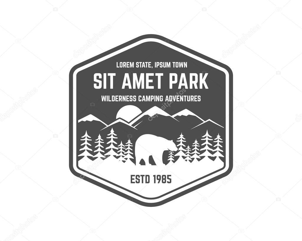 National park vintage badge. Mountain explorer label. Outdoor adventure logo design with bear. Travel and hipster insignia. Wilderness, forest camping emblem Hiking, backpack Vector monochrome.