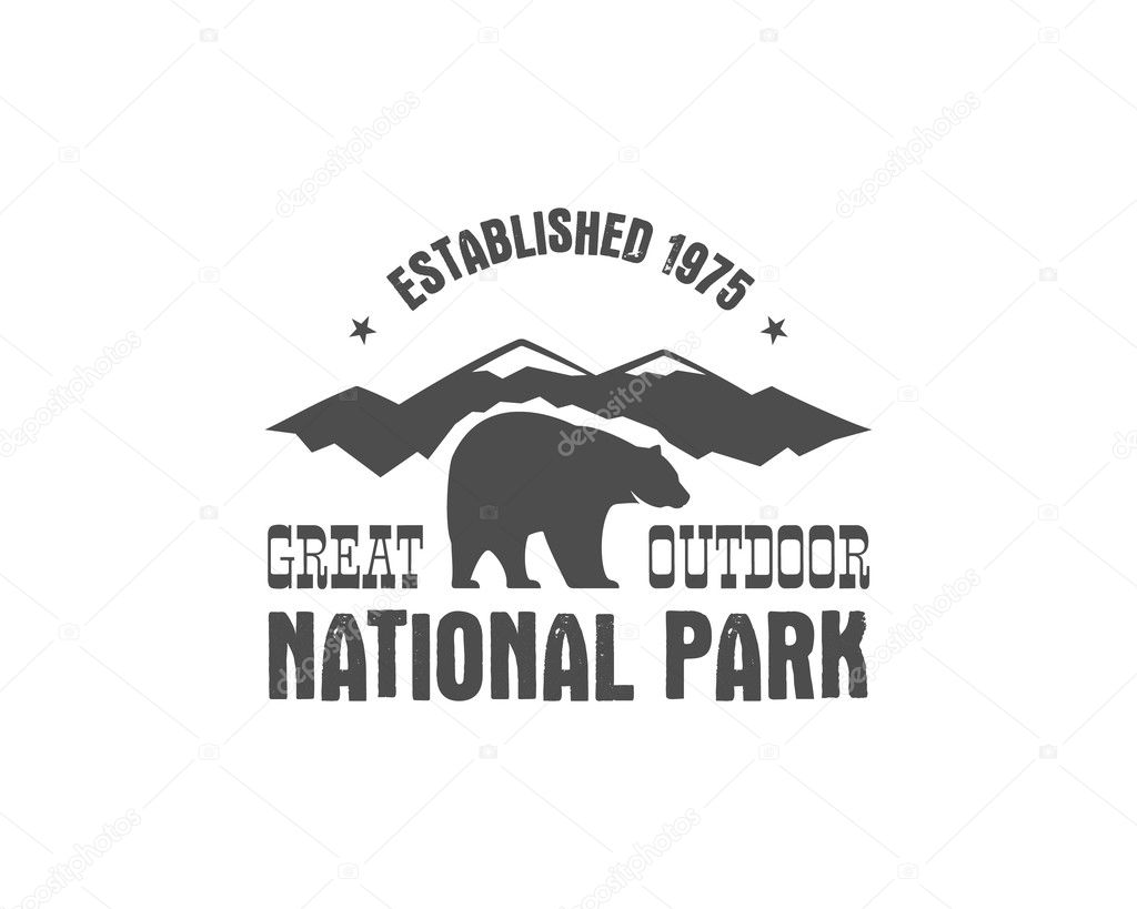 National park old style badge. Mountain explorer label. Outdoor adventure logo design with bear. Travel and hipster insignia. Wilderness, forest camping emblem Hiking, backpack Retro Vector monochrome