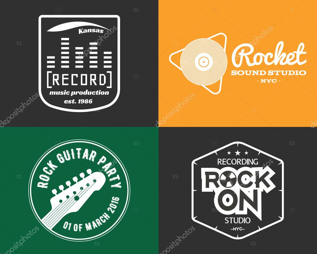 Vector music production studio logos set. Musical label icons. Music insignia and emblems print or logotype. Guitars badge for sound recording studio t shirt, sound production. Podcast, radio badges.