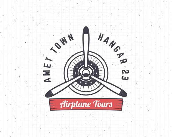 Airplane emblem. Biplane label. Retro Plane propeller badge, design elements. Vintage prints for t shirt. Aviation stamp. Air tour logo. Travel logotype. Isolated on white textured background. Vector — Stock Vector