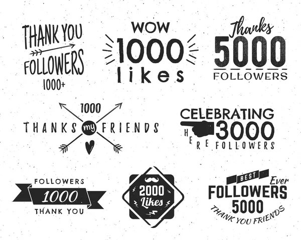 Set of vintage Thank you badges. Social media Followers labels and likes stickers. Handwriting lettering with hipster elements - ribbons, frames, sunbursts, beard. Vector design on retro background