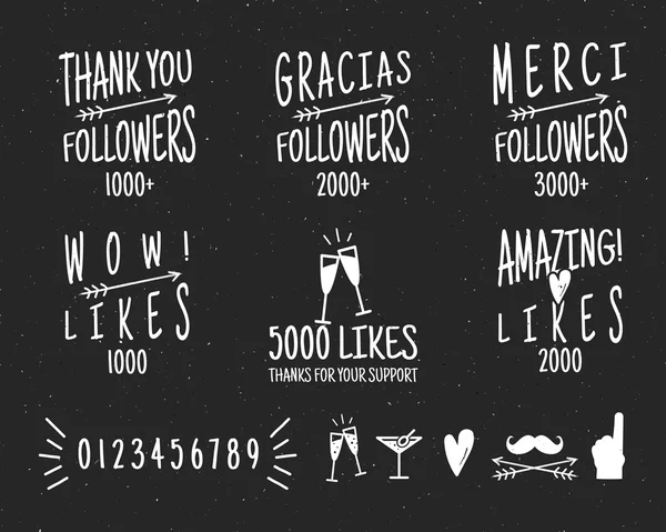 Set of vintage Thank you badges. Social media Followers labels and likes stickers. Handwriting lettering with hipster elements - ribbons, arrows, sunbursts, beard. Vector design on retro background — Vetor de Stock