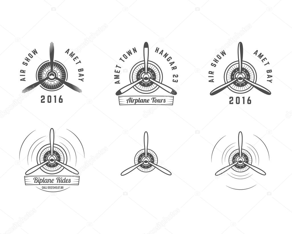 Set of Vintage airplane propeller emblems. Biplane labels. Retro Plane badges and design elements. Aviation stamps collection. Airshow logo and logotype. Old icon, isolated on white background Vector