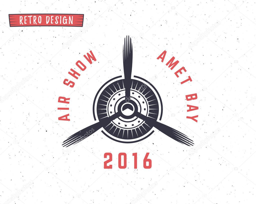 Airplane propeller emblem. Biplane label. Retro Plane badge, design elements. Vintage prints for t shirt. Aviation stamp. Air show logo. Travel logotype. Isolated on white textured background. Vector.